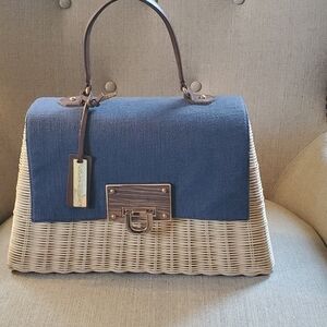 Chic Woven Handbag with Blue Accents